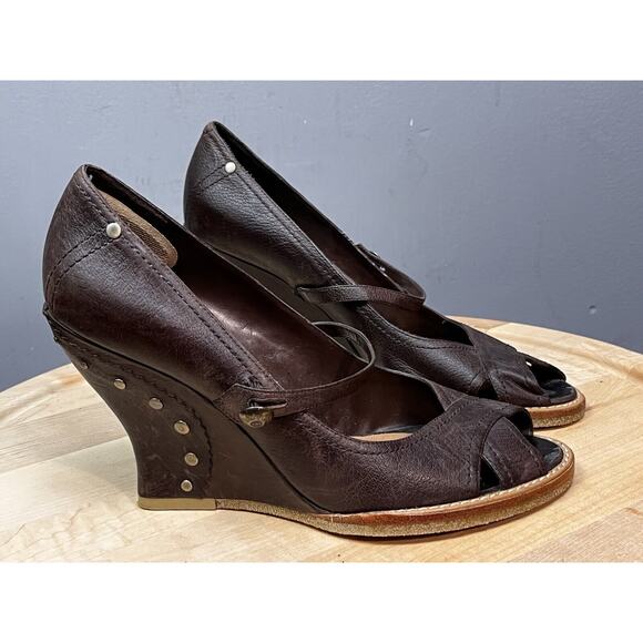 Nine West Wedge Heel Womens‎ 10M Brown Grommet Brown Leather Open Toe - Picture 1 of 12